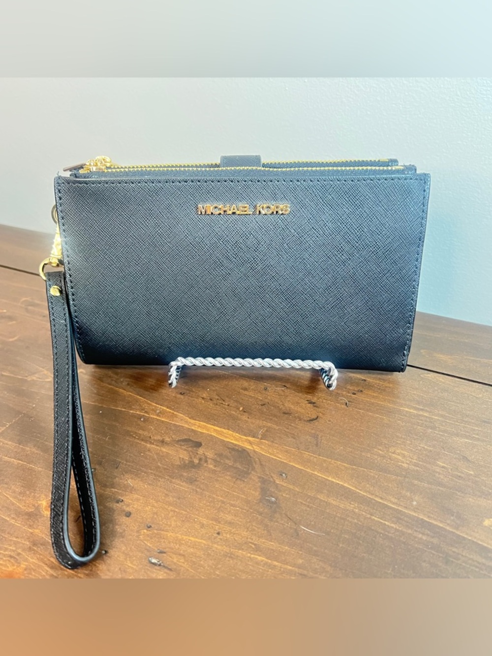 Michael Kors Jet Set Travel Large Double Zip Phone Wallet Wristlet Black/Silver